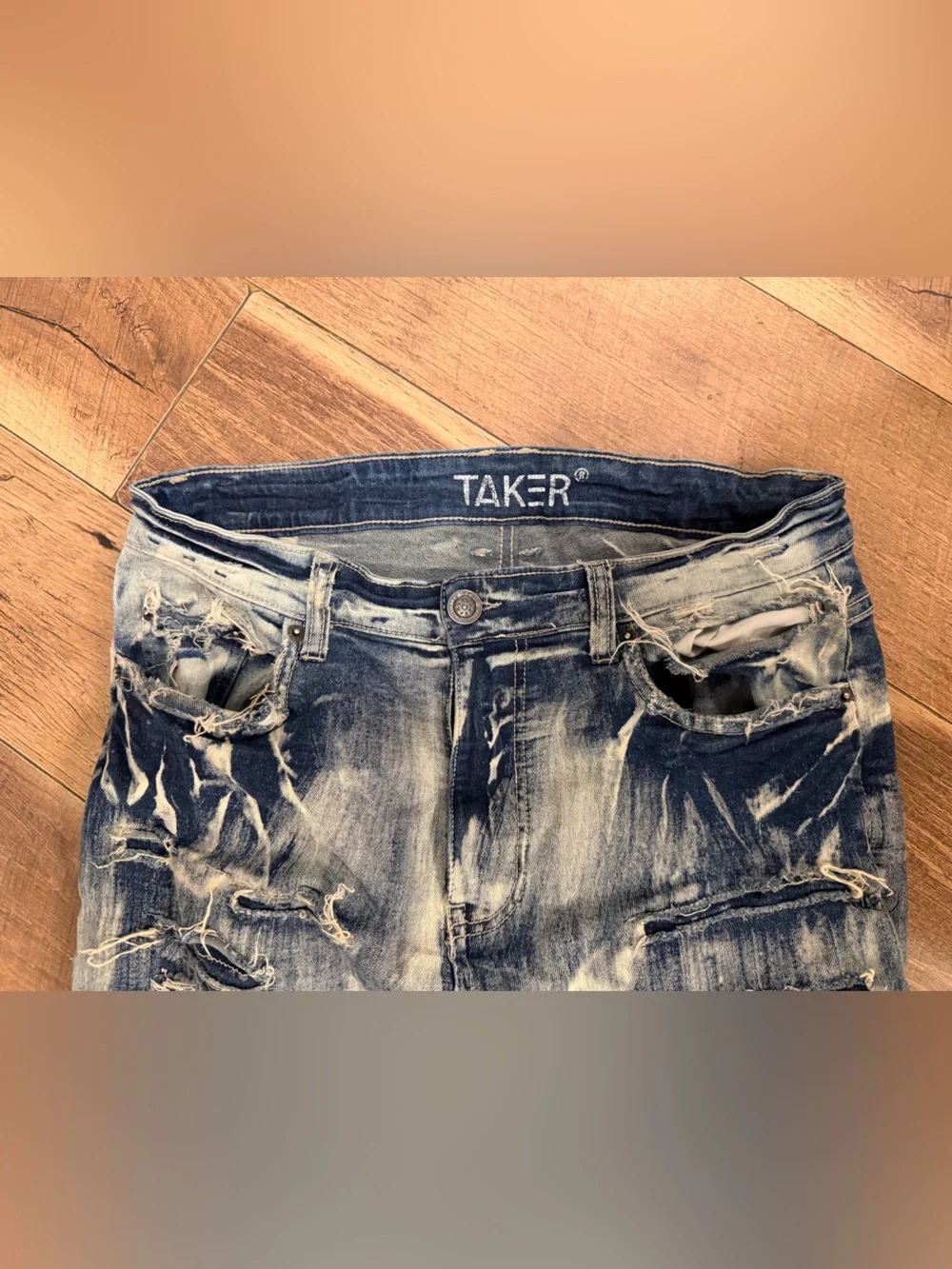 Taker brand heavy-distressed and stacked men's jeans